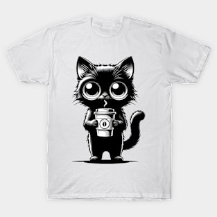 Cute Black Cat With Coffee Cup Chibi Kawaii Character T-Shirt